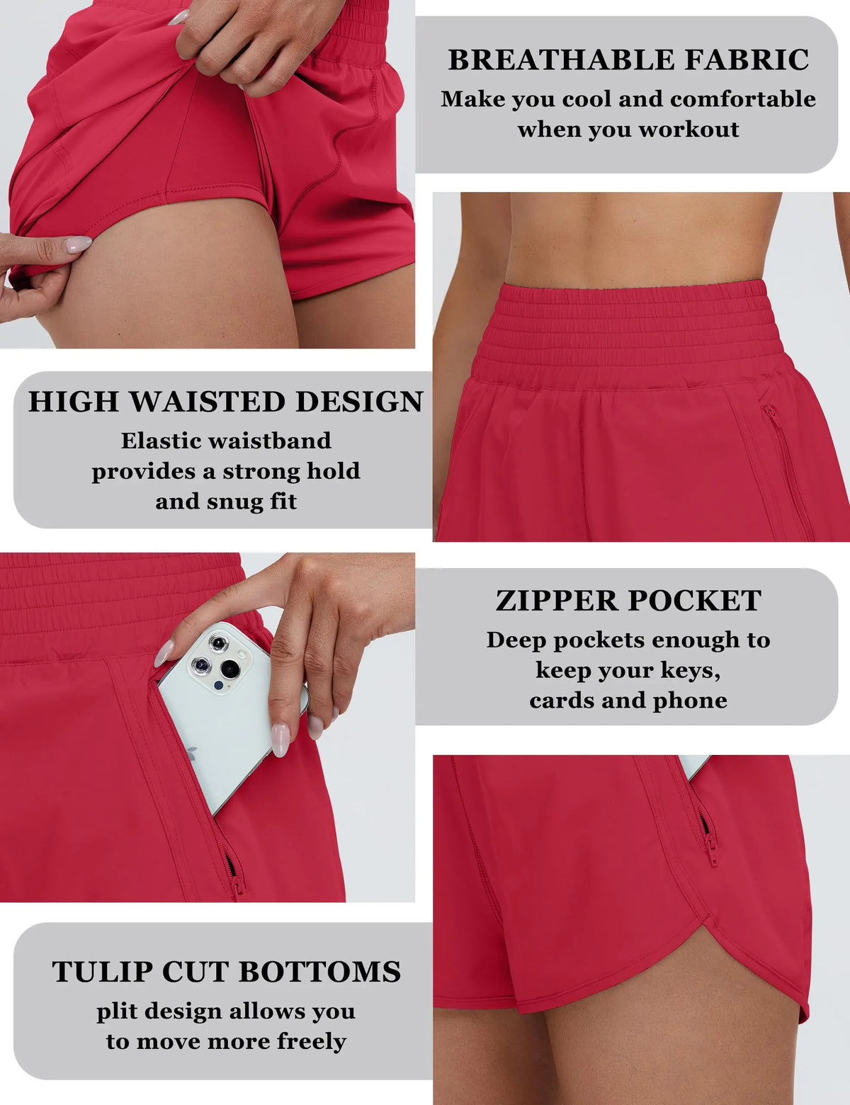 BMJL Women's Athletic Shorts High Waisted Running Shorts Pocket Sporty Short Gym Elastic Workout Shorts 2'' High waisted X-Small Red371
